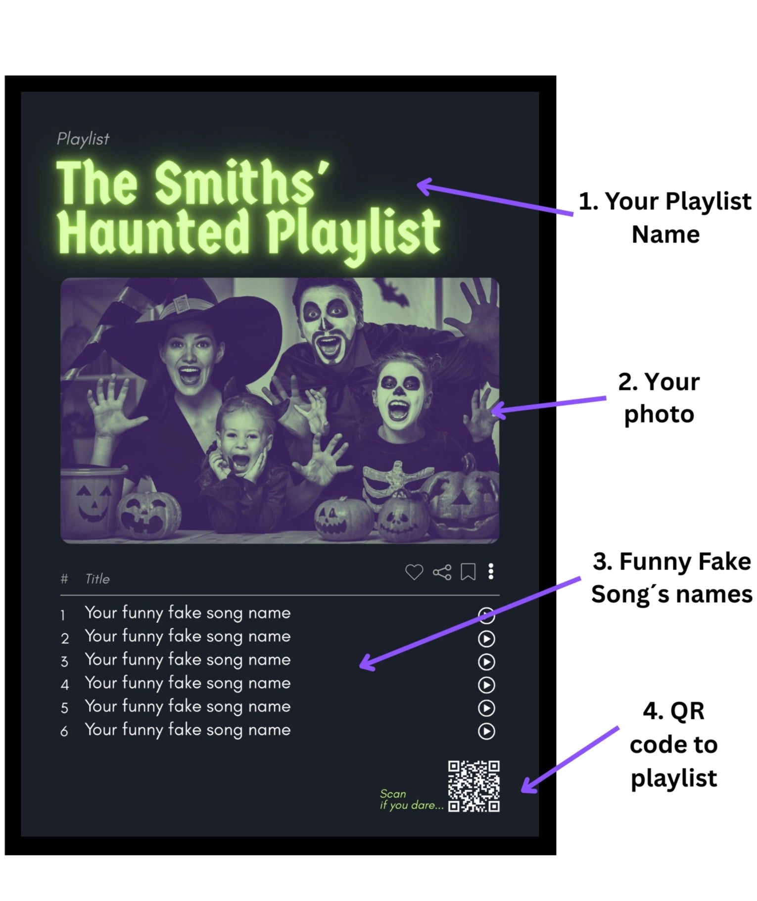 Modern Halloween wall art — Haunted Neon playlist poster with a scannable QR code.