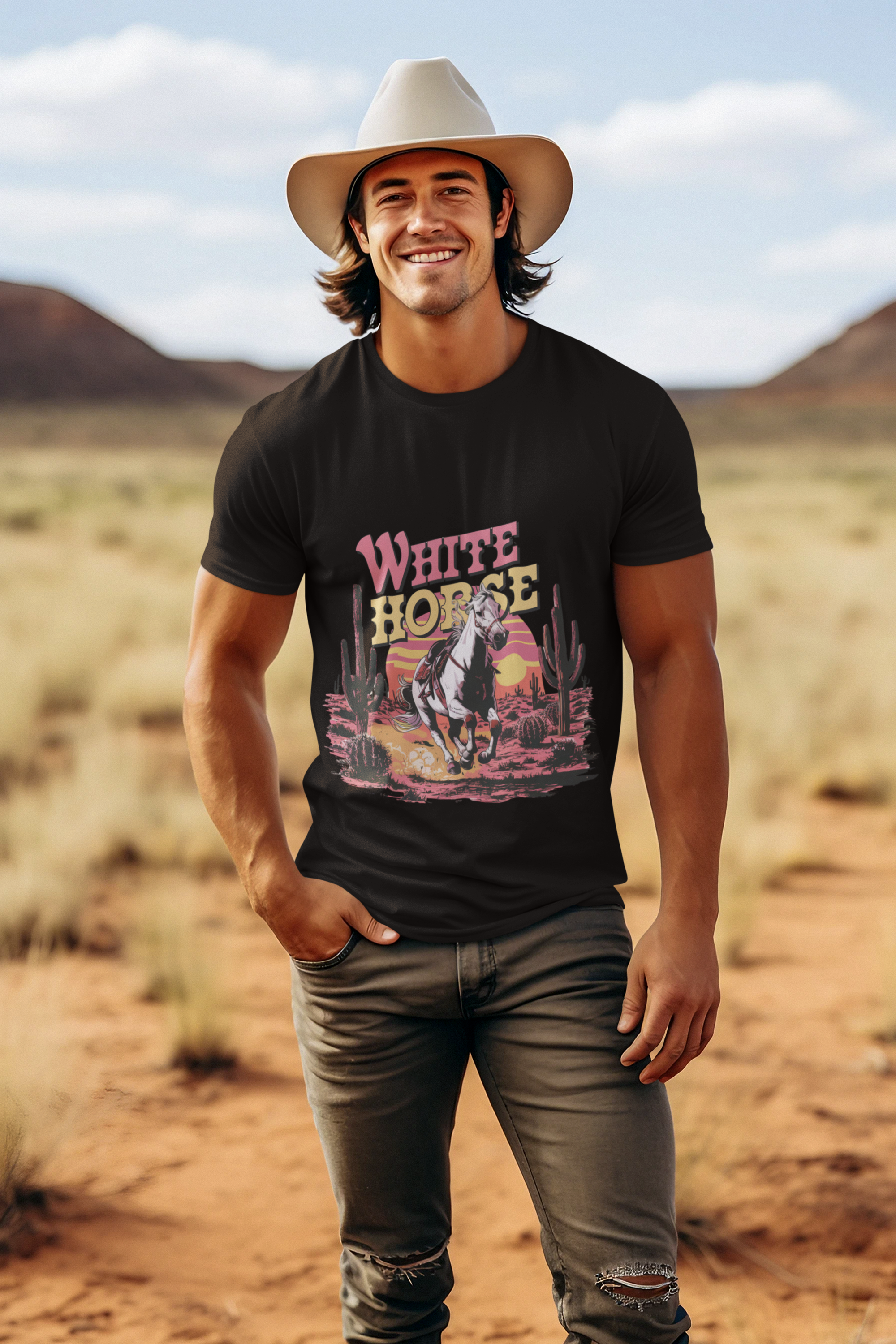 A distressed tshirt with a white horse on a desert 