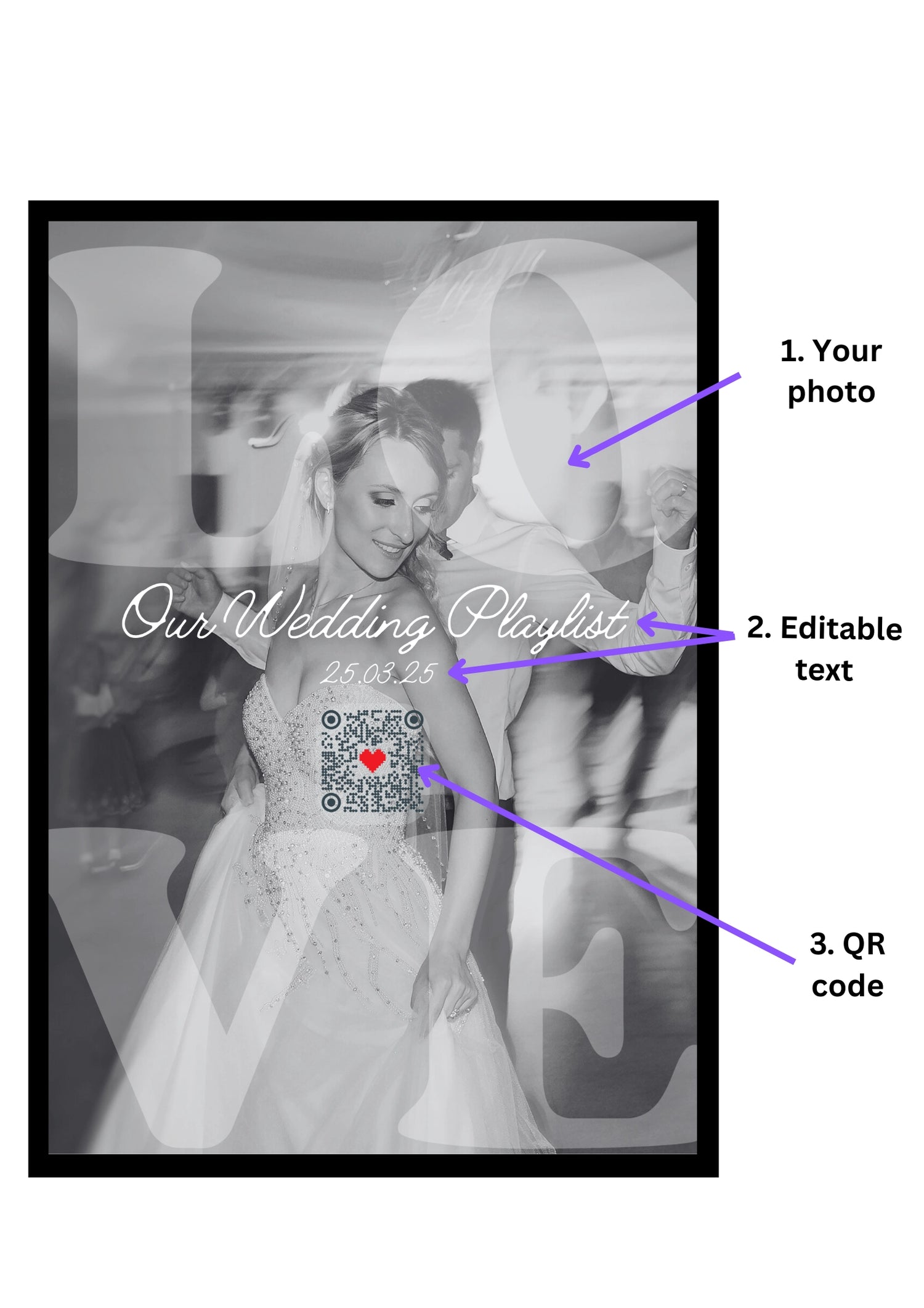 Personalized photo frame with wedding theme, QR code, and text overlay.