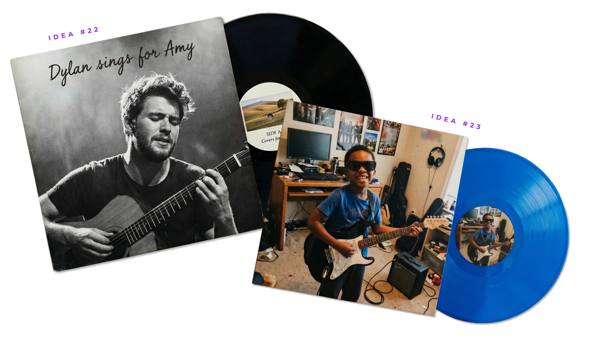 A cover record made as a personal gift β original songs recorded by the giver, pressed on vinyl with a custom-designed jacket and label.