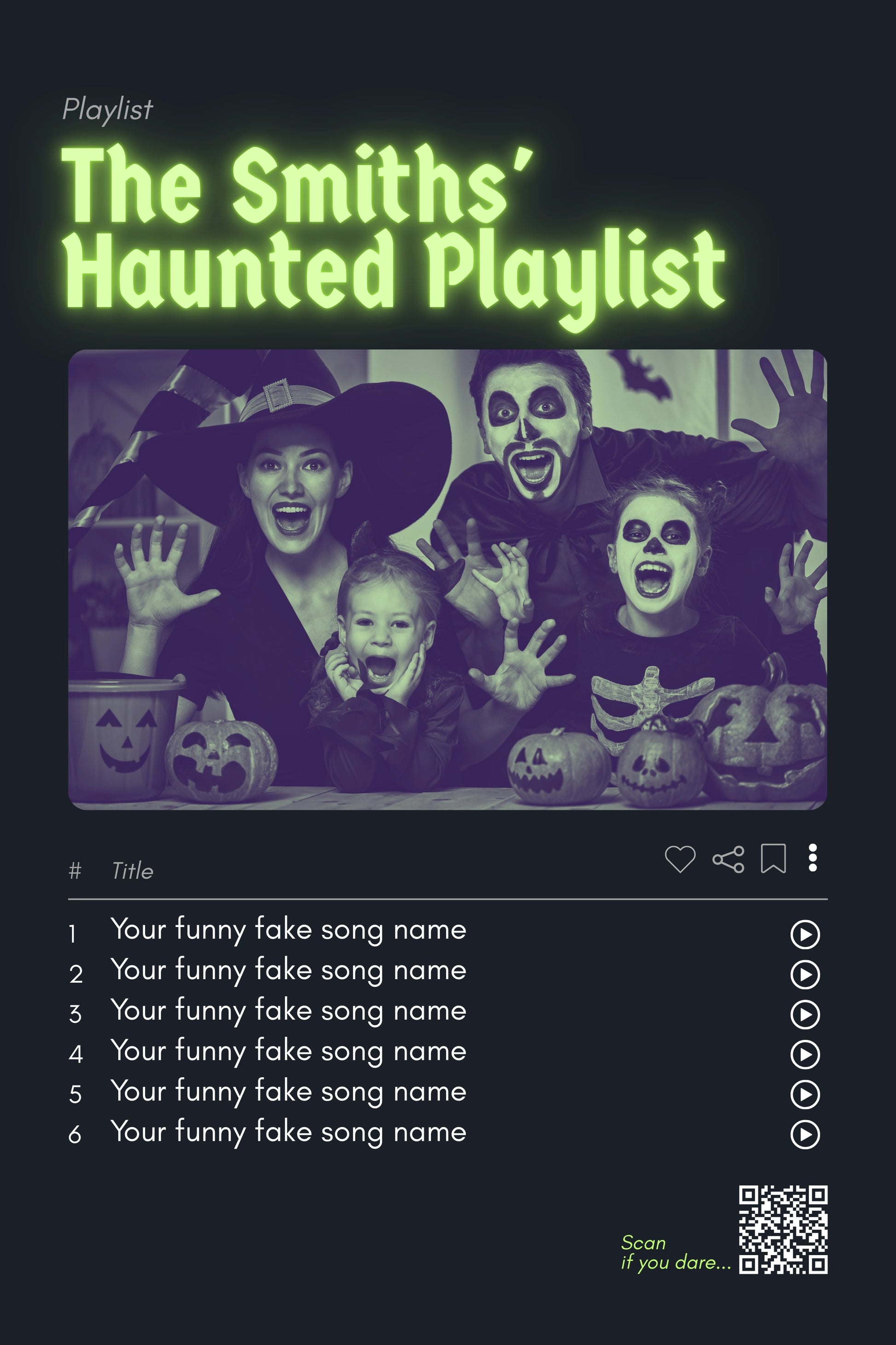 Personalized Halloween playlist poster (Haunted Neon) with QR code and tracklist