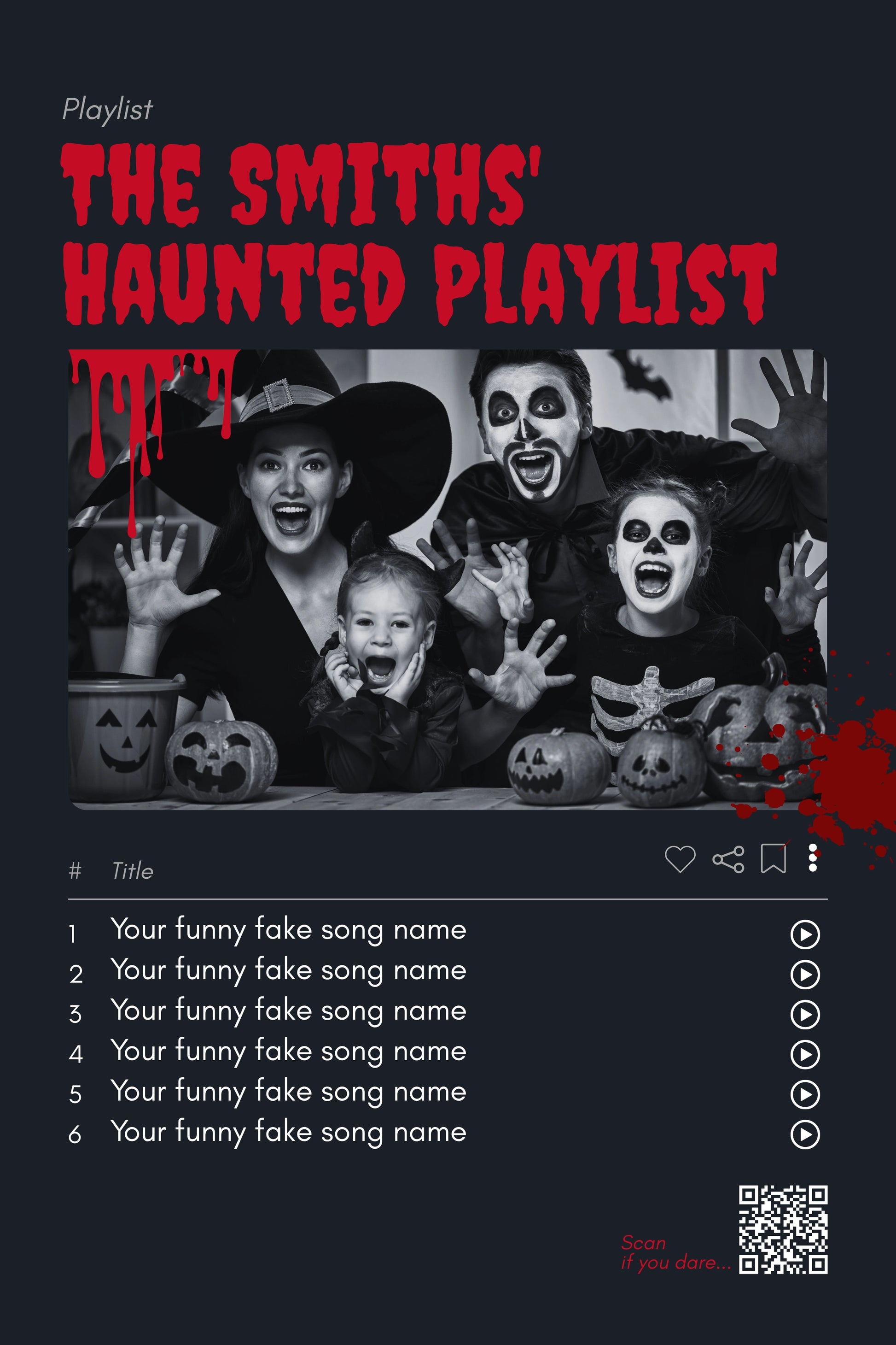 Personalized Halloween playlist poster (Blood Red) with QR code and tracklist.