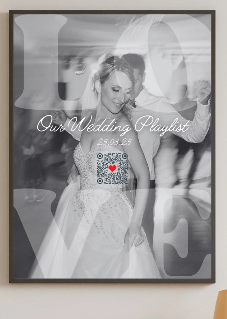 Framed photo of a couple with 'LOVE' and QR code on a wall.