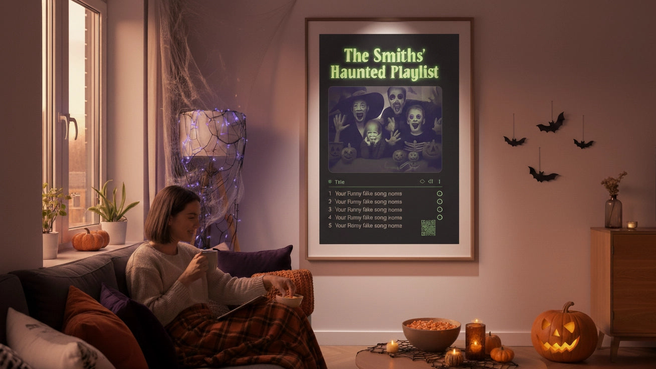 Halloween wall art with playlist QR glowing in a warm living room decor.