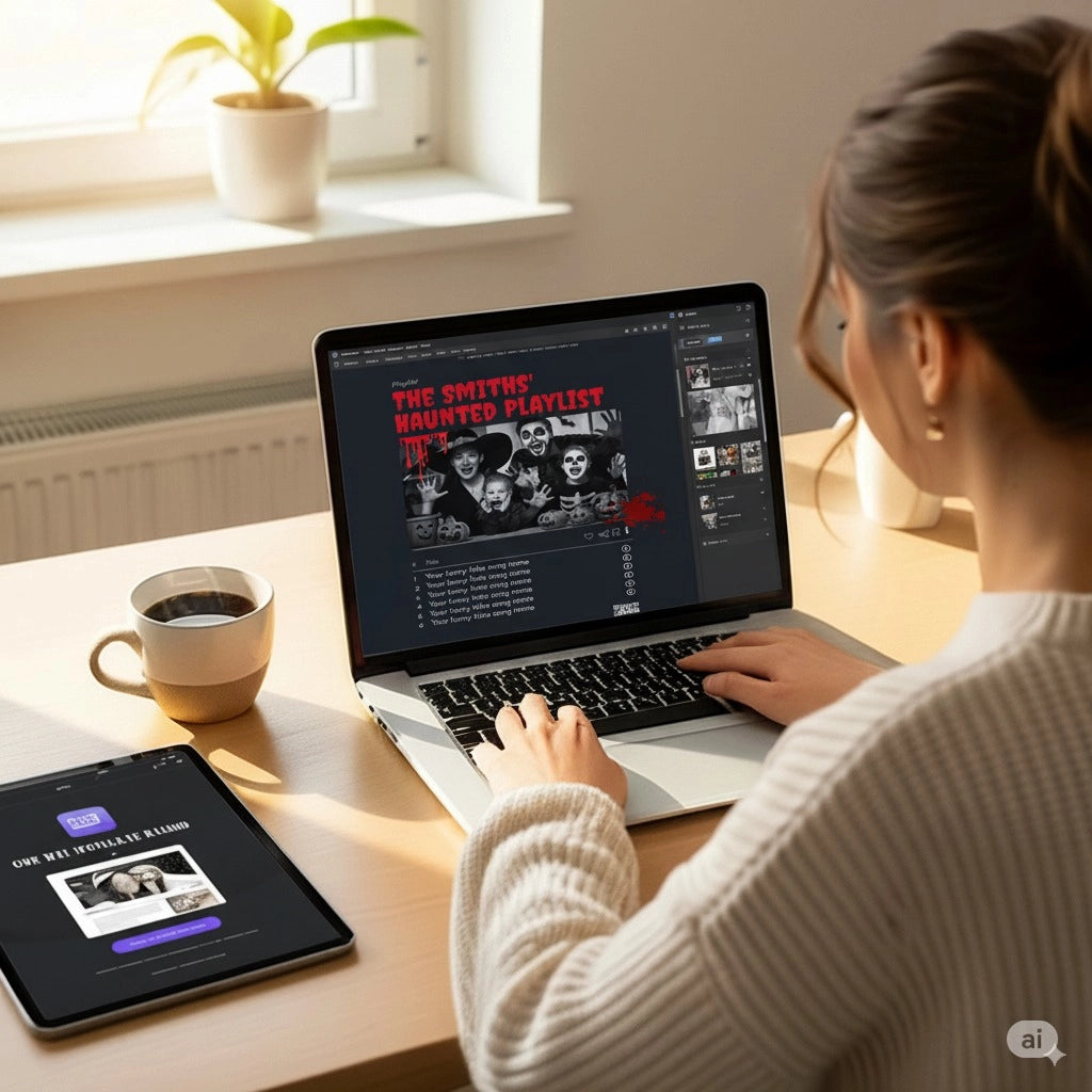 A person using a laptop to edit custom Halloween wall art at home.