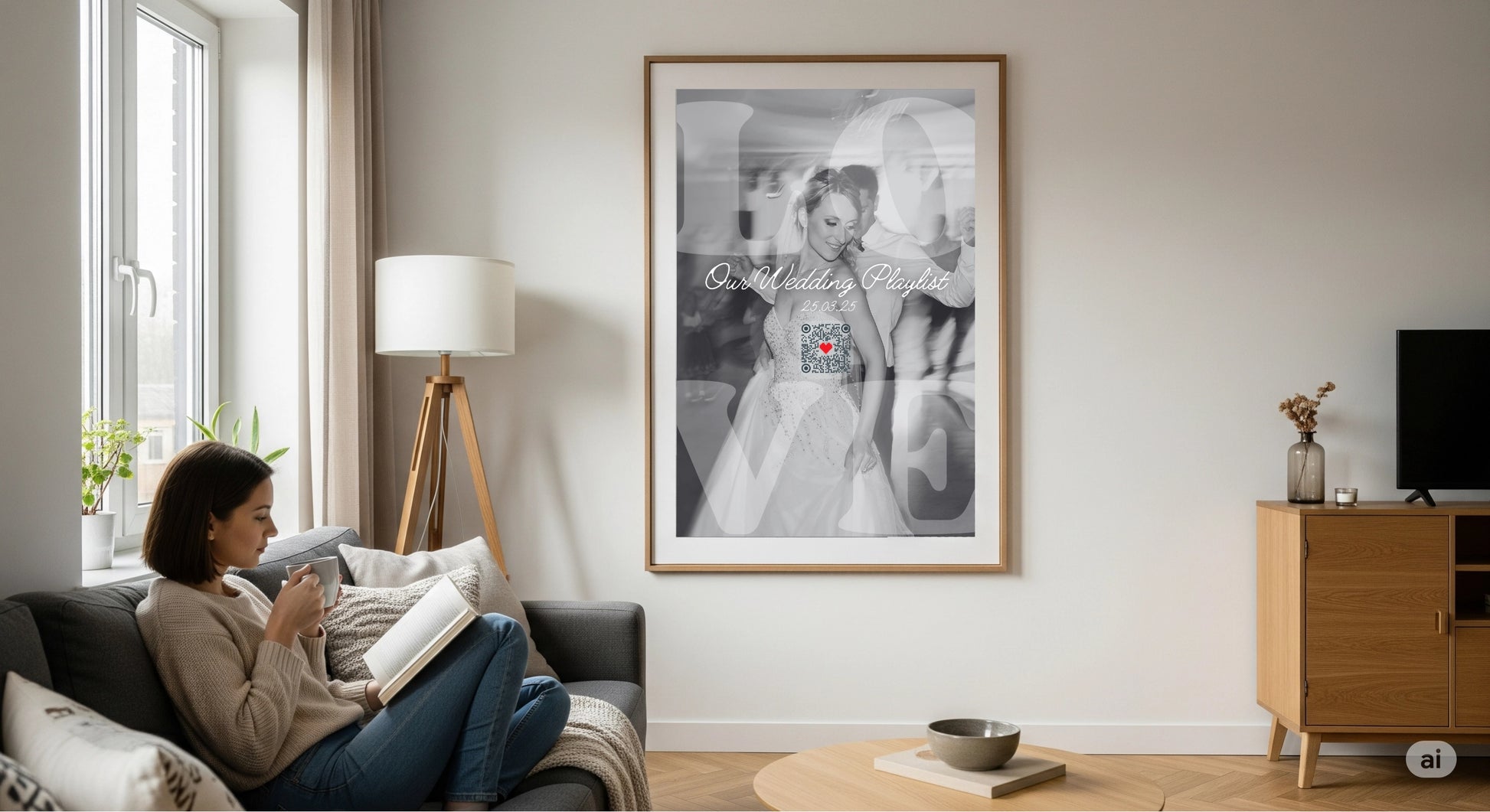 Woman sitting on a couch in a living room with a large framed picture of a woman on the wall.