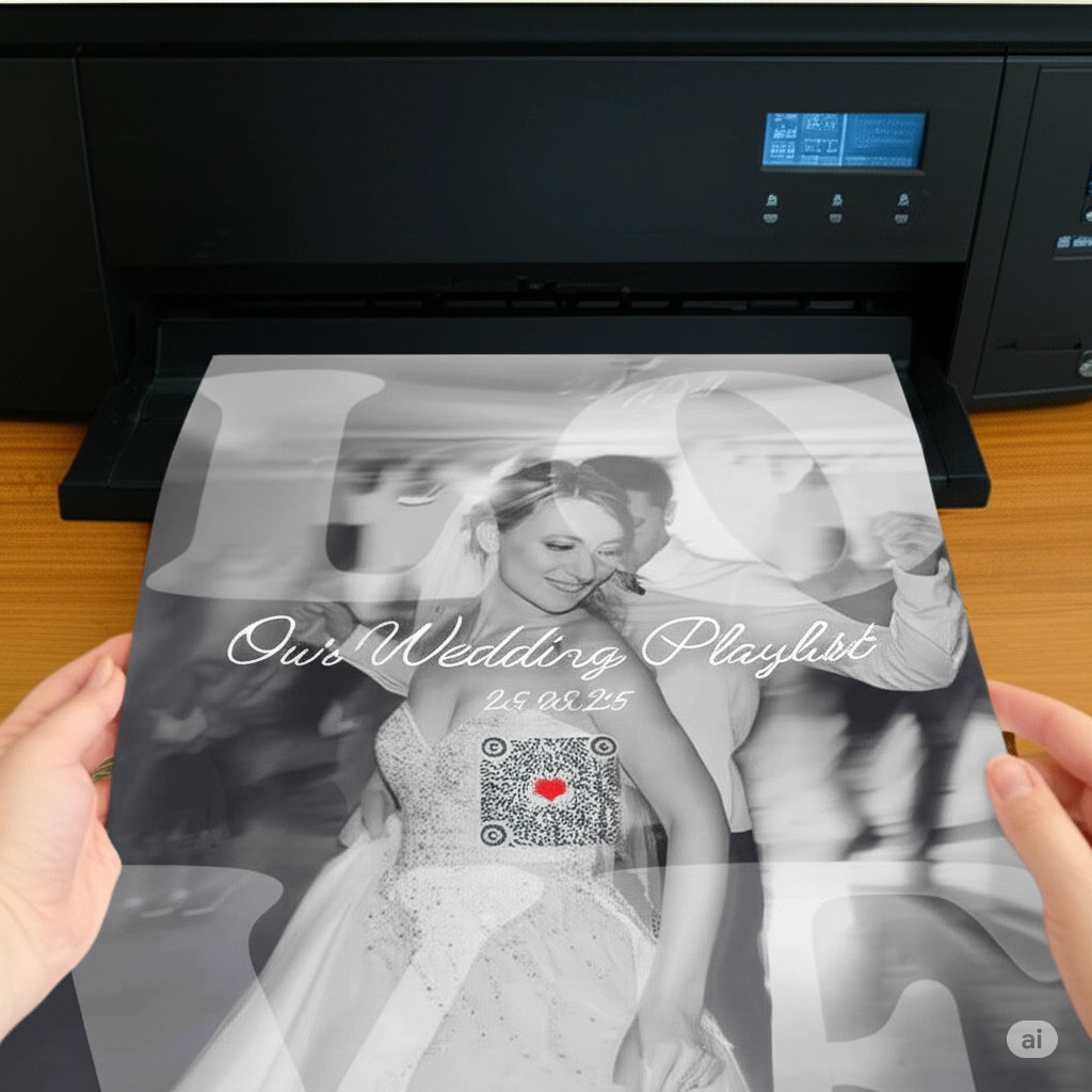 Person holding a printed photo album with 'Our Wedding Playlist' text and QR code in front of a printer.