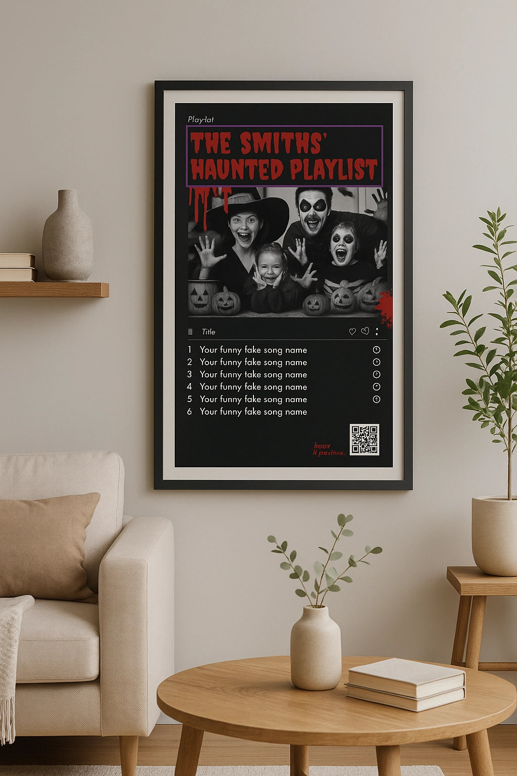 Personalized Halloween playlist poster (Blood Red) — spooky wall art on a shelf.