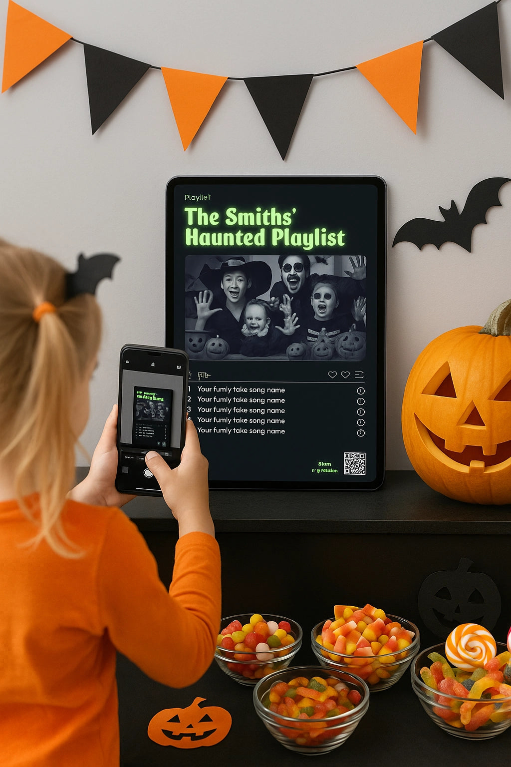 Cute Halloween wall art with pumpkins and garland — perfect for a Halloween gallery wall.