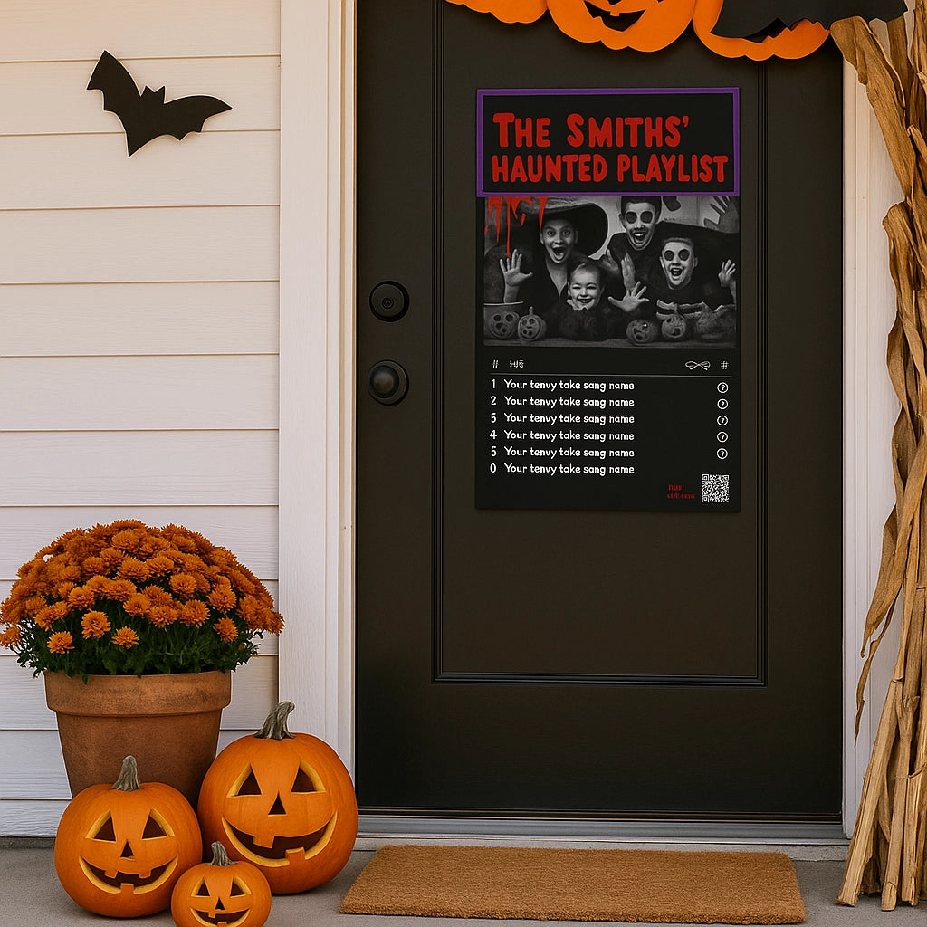 Custom Halloween poster displayed at the front porch — spooky entryway decoration.