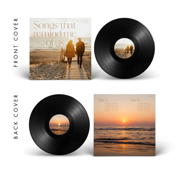 Reminds Me Of Us — golden warm anniversary vinyl record cover template for Canva