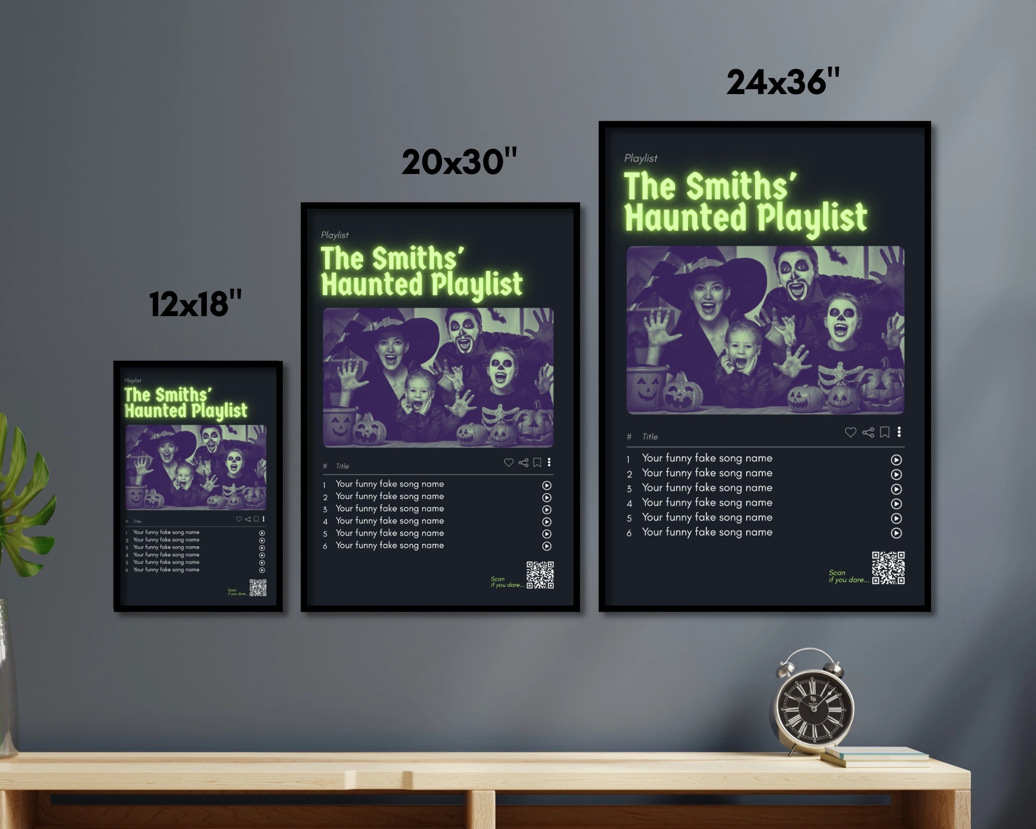 Three framed posters of 'The Smiths' Haunted Playlist' on a wall above a wooden shelf.