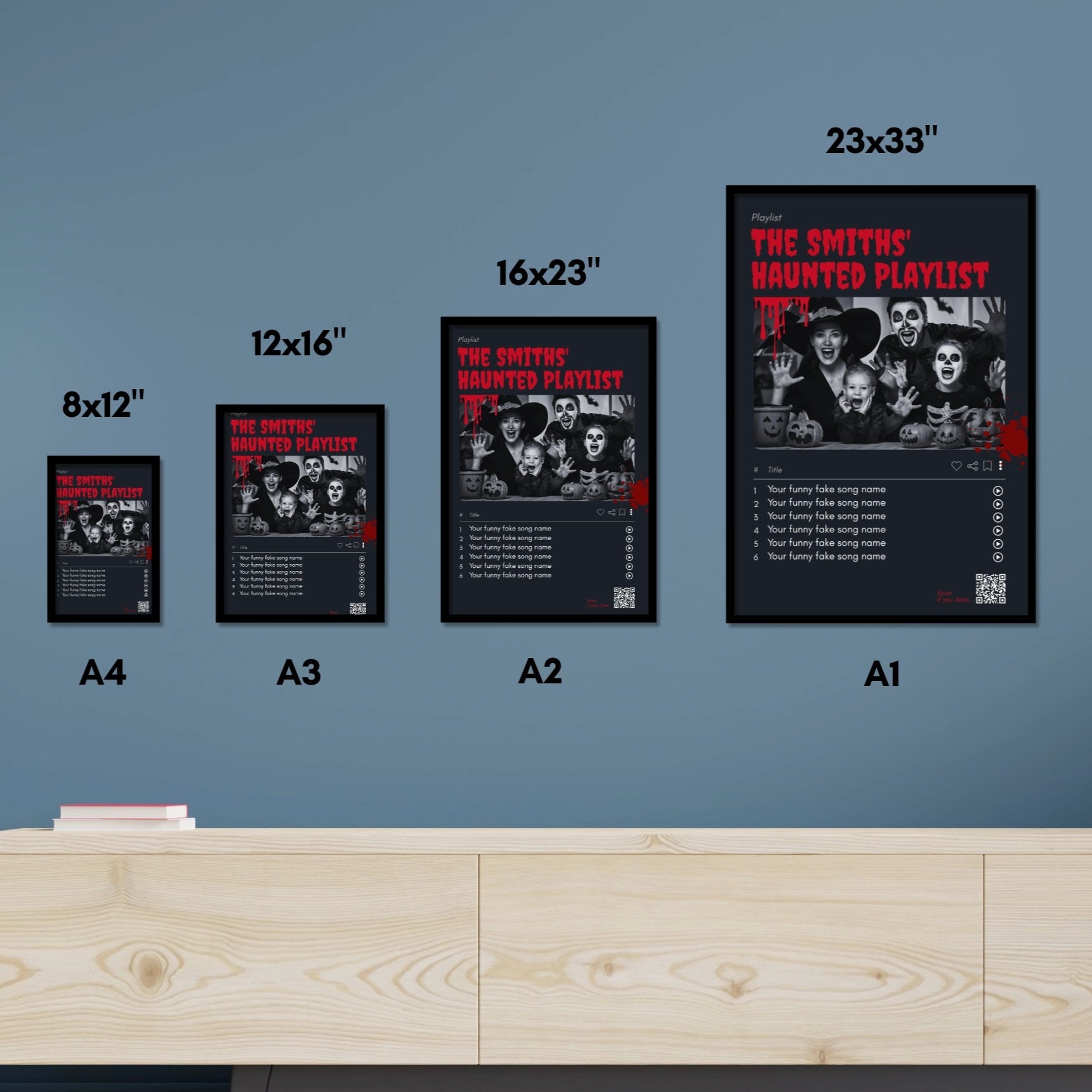 Size guide for Halloween wall art — A4, A3, A2, A1, 12×18 and 20×30 inches.
