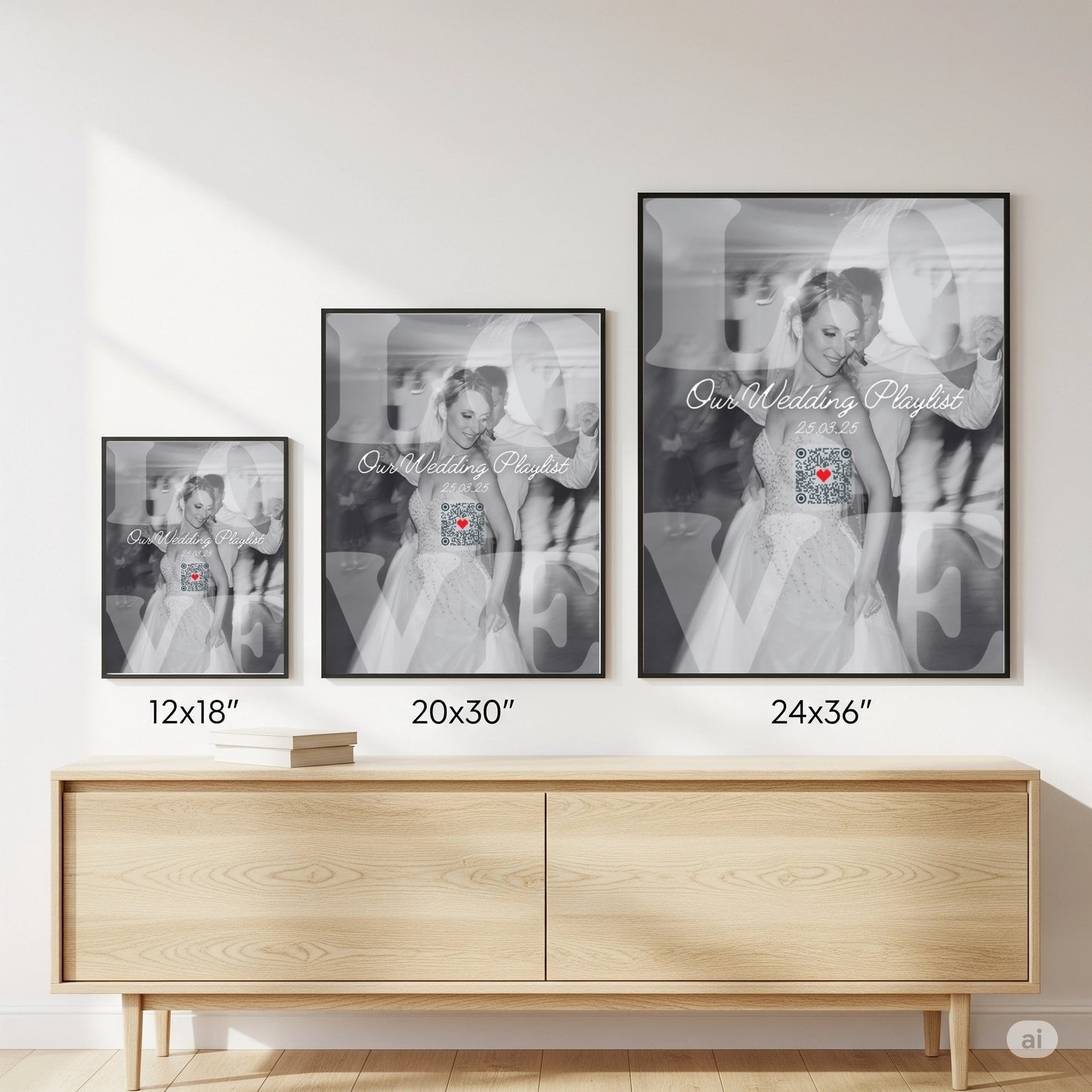 Three framed wedding photos of a couple with text overlay, displayed on a wall above a wooden cabinet.