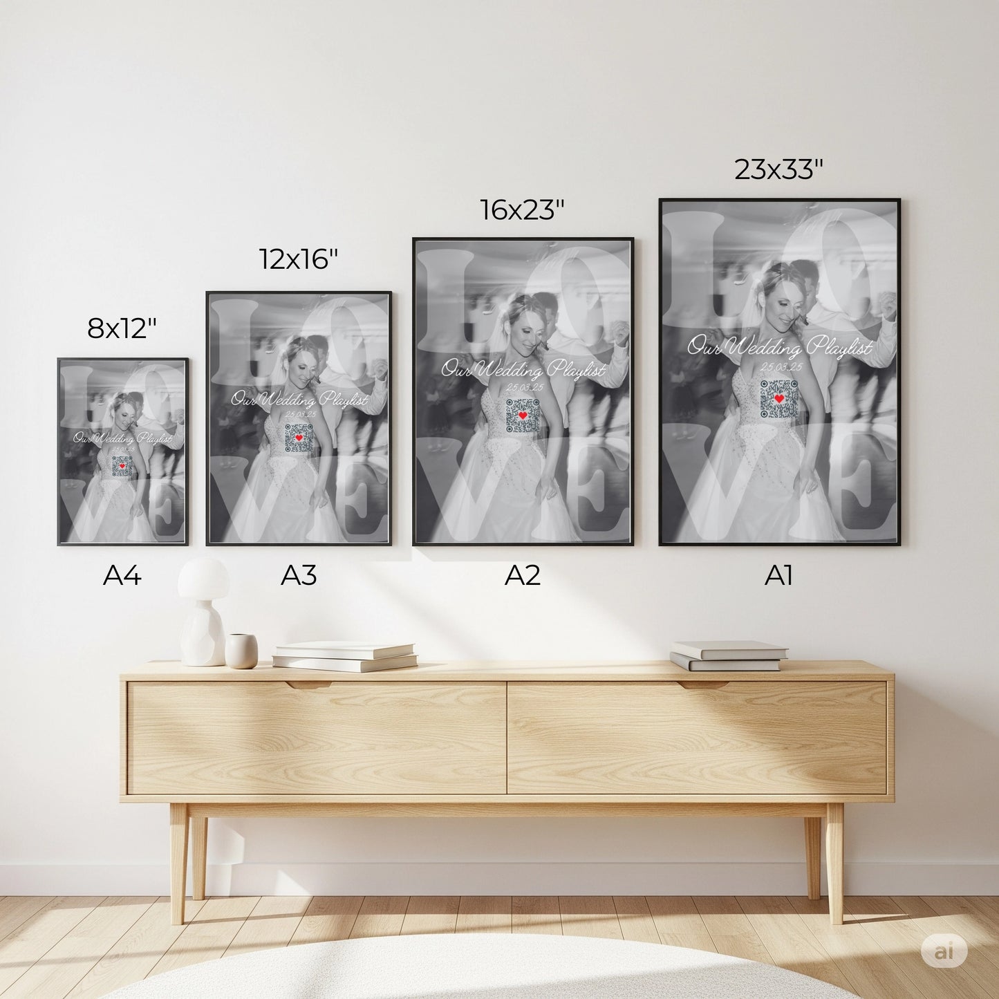 Set of photo frames with different sizes displayed on a wall above a wooden console table.