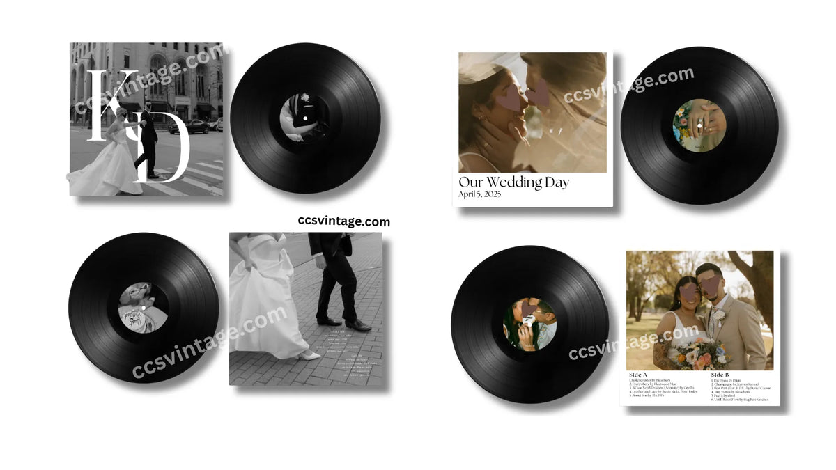 Wedding vinyl records made at CCS Vintage β first dance albums, audio guestbooks, and ceremony keepsakes.