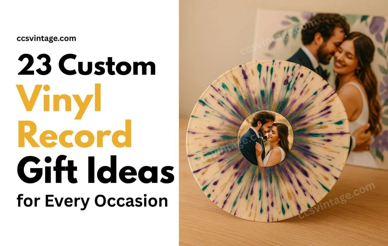 Splatter vinyl with couple photo illustrating 23 custom vinyl record gift ideas for anniversaries & weddings.