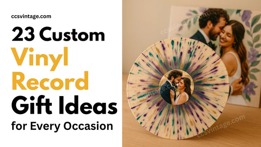 Splatter vinyl with couple photo illustrating 23 custom vinyl record gift ideas for anniversaries & weddings.