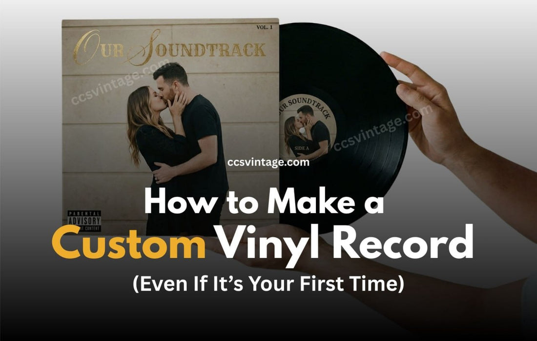 Hands holding a personalized custom vinyl record with a photo cover of a couple, illustrating the guide on how to make a custom vinyl record.
