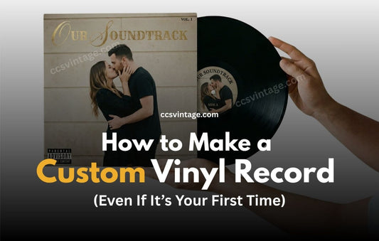 Hands holding a personalized custom vinyl record with a photo cover of a couple, illustrating the guide on how to make a custom vinyl record.