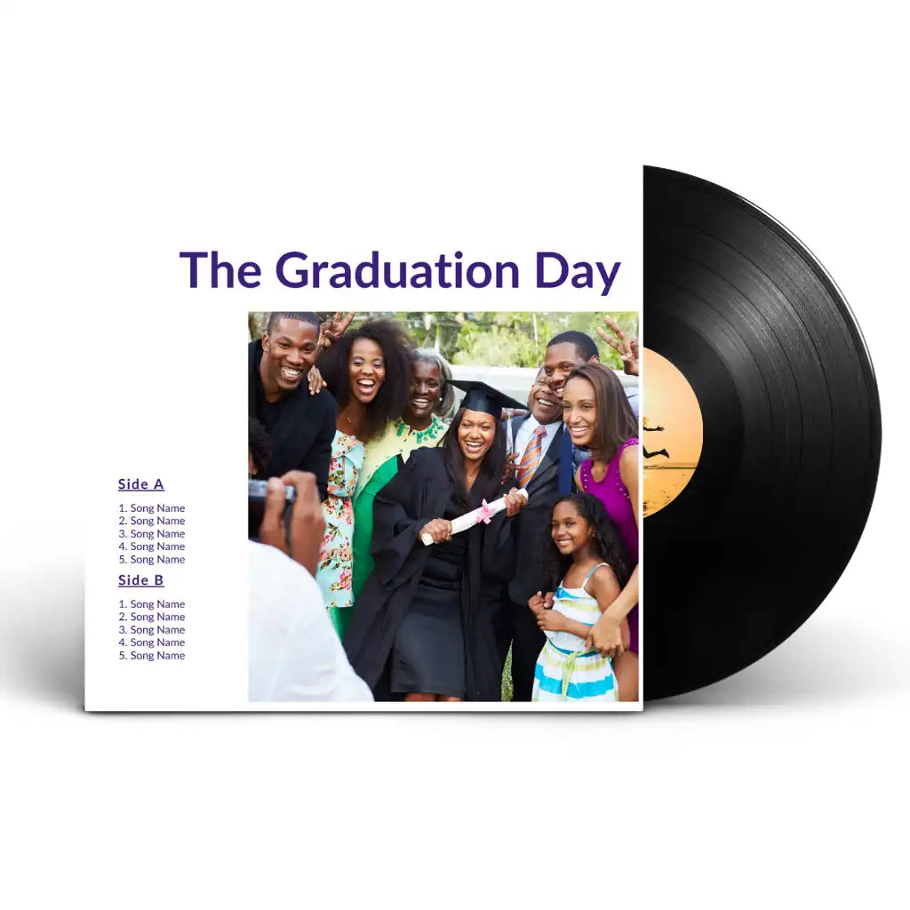 Custom graduation vinyl record gift with photo of happy graduates, the perfect Class of 2026 keepsake or mixtape for high school and college.