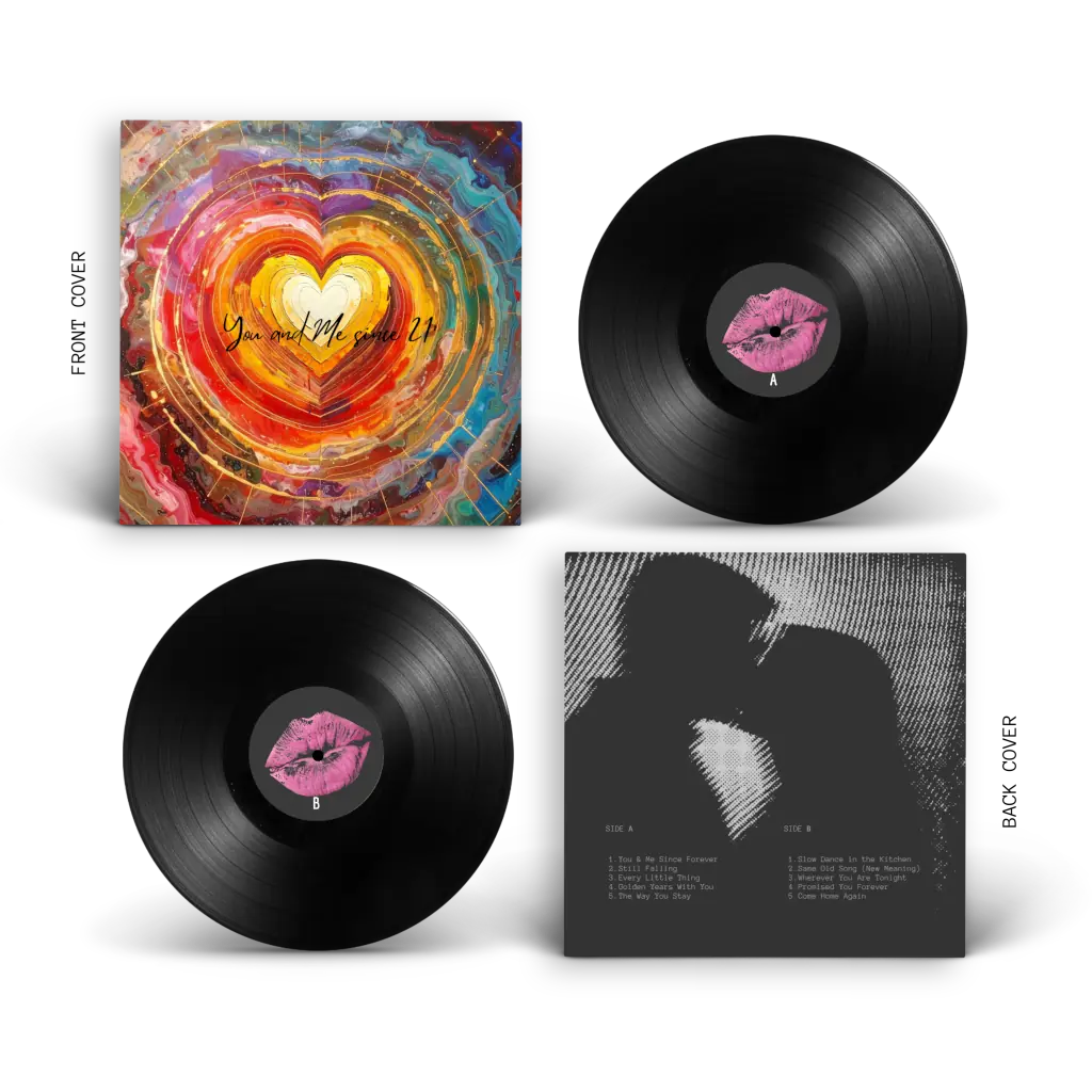 Custom anniversary vinyl record gift set showing front cover with colorful heart artwork titled "You and Me Since 21", two black vinyl records with pink lips label on sides A and B, and back cover with tracklist — personalized with your songs and photos.