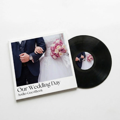 Personalized 'Our Wedding Day' vinyl record featuring recorded audio guestbook messages and vows in a professional photo jacket.