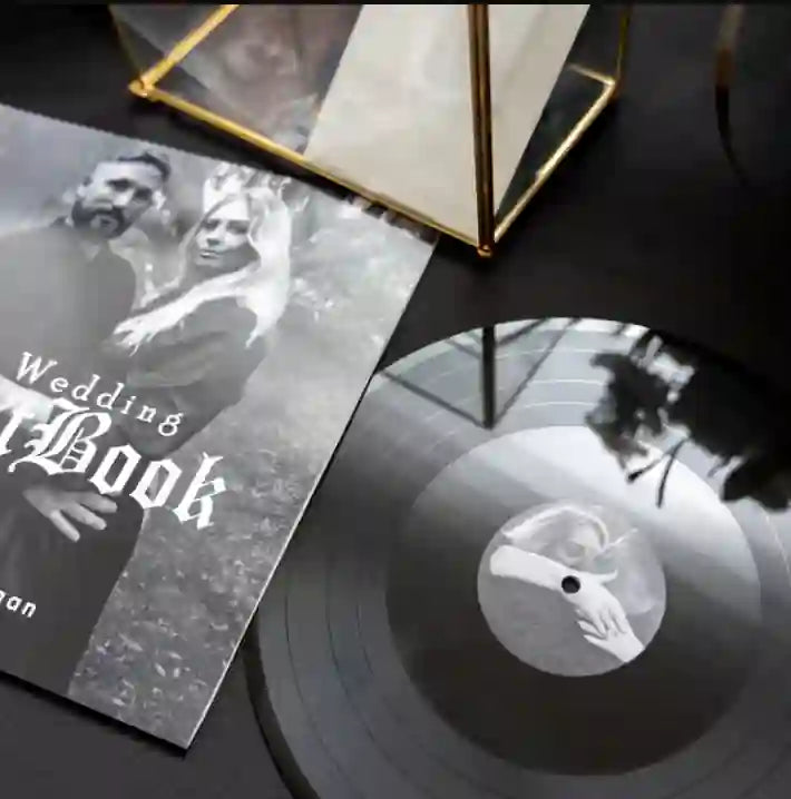 Bespoke black and white wedding vinyl record set, including a personalized photo cover and a matching center label.