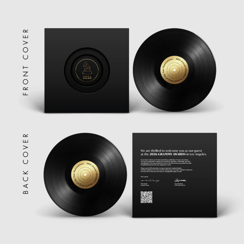 Custom vinyl records for an executive awards event — branded cover, gold label, QR codes