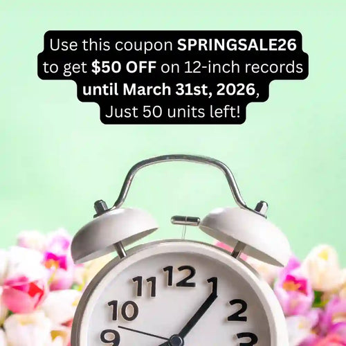 A white vintage alarm clock in focus against blurred pink tulips. An overlaid message in a black speech bubble promotes a Spring Sale: Use coupon code SPRINGSALE26 for $50 off 12-inch vinyl records, valid until March 31st, 2026, with only 50 units remaining.