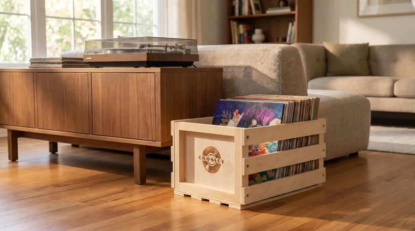 Crosley AC1004A natural wood record storage crate holds 75 albums