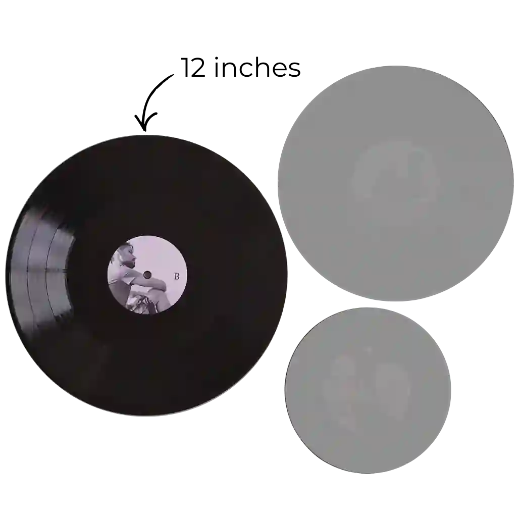12-inch vinyl black record, the industry standard for a full-length custom vinyl album, holding up to 20 minutes of music per side.