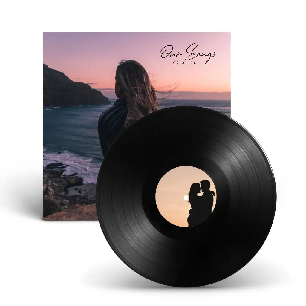 Custom 12-inch vinyl record LP with personalized photo cover art, the classic format for full album playlists.