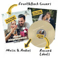 A visual guide showing how to personalize a custom colored vinyl record, including sections for front and back cover photos, custom audio tracks, and personalized record labels.