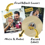 A visual guide showing how to personalize a custom colored vinyl record, including sections for front and back cover photos, custom audio tracks, and personalized record labels.