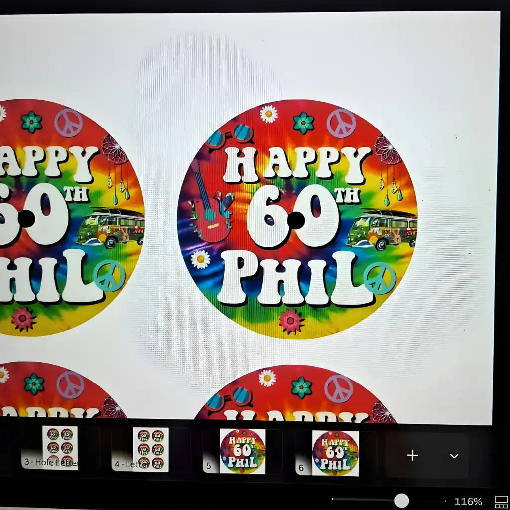 High-resolution graphic of a custom vinyl record label "Happy 60th Phil" with psychedelic colors, peace signs, a vintage camper van, and a classic guitar.