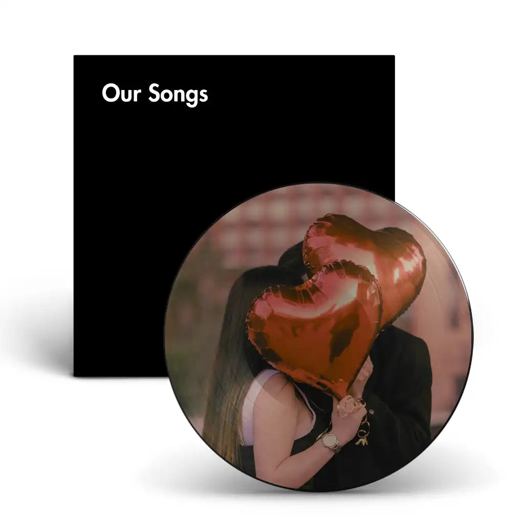 Custom picture disc vinyl record with personal photo printed directly on the surface, a stunning visual vinyl gift.