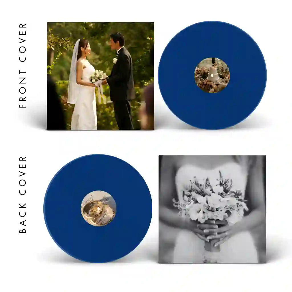 A professional digital proof preview showing the front and back photo cover designs along with personalized labels for a blue custom vinyl record.
