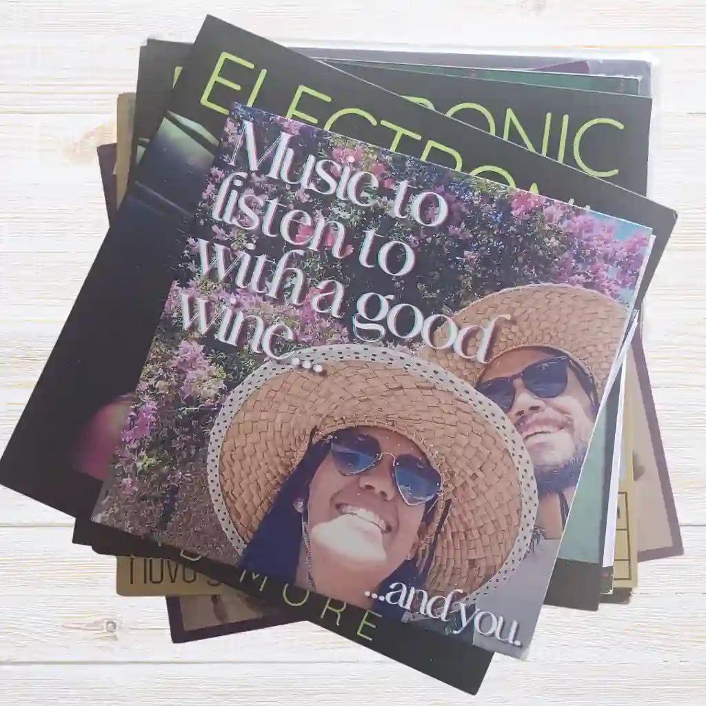 Close-up of high-quality, full-color printed vinyl record jackets with personalized photos and premium glossy finish for unique vinyl gifts.