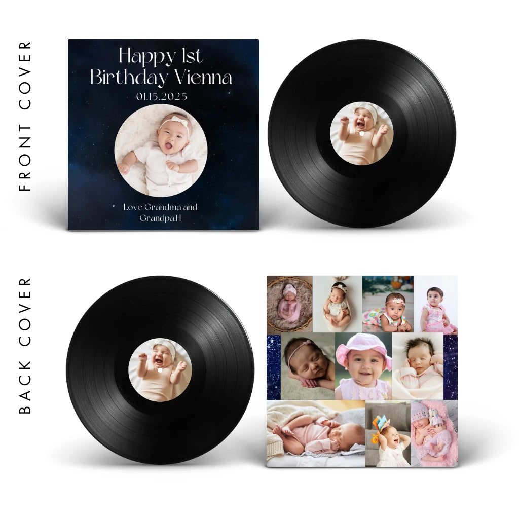Custom vinyl record as a first birthday keepsake from grandparents — front cover with baby photo and "Happy 1st Birthday" text, back cover with monthly photo collage