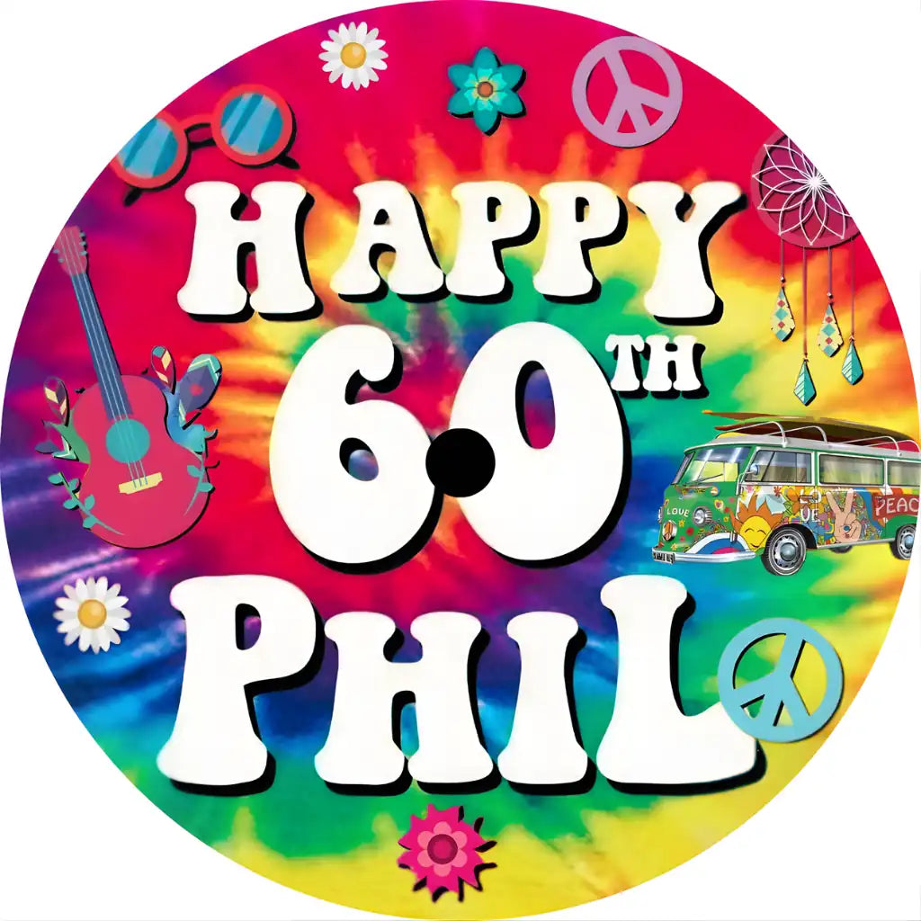 Digital screen showing a close-up of two custom-design vinyl labels for a 60th birthday retro party, featuring a tie-dye background and hippie-themed illustrations.
