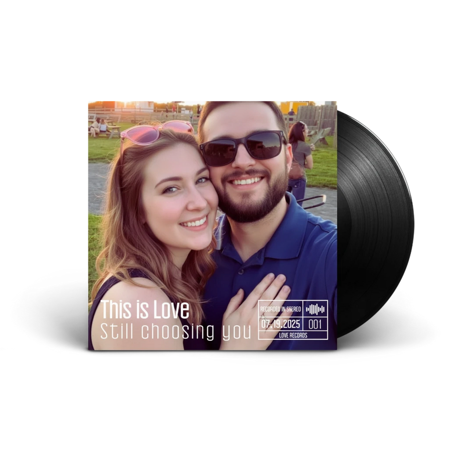 Custom vinyl record with personalized cover featuring a couple's photo, album title 