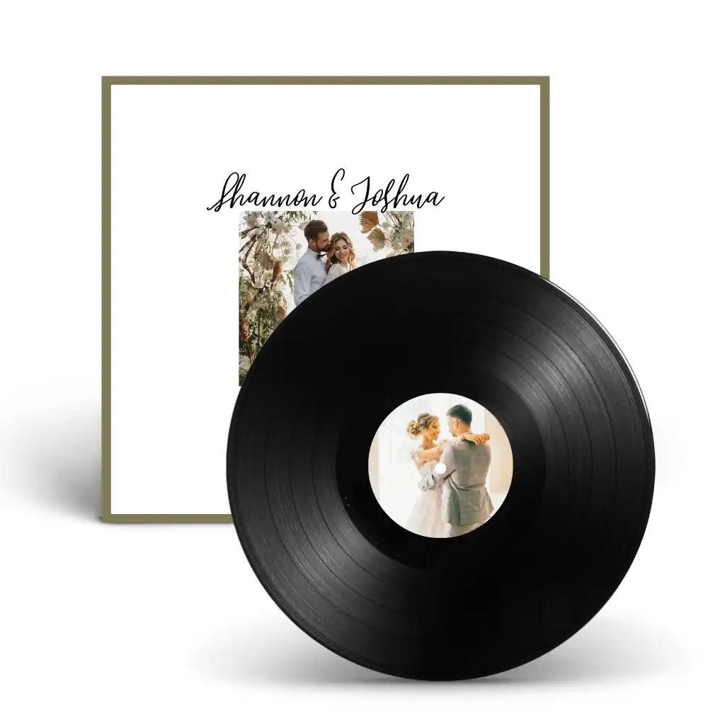 Custom wedding vinyl record with elegant cover design, perfect to use as a unique guestbook for friends and family to sign.
