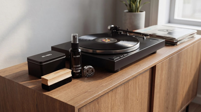 EVEO 4-in-1 premium vinyl record cleaning kit with velvet brush and stylus gel in black case