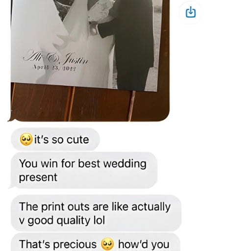 Social proof showing a happy customer's text message praising the quality of their personalized wedding gift.