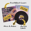 Custom vinyl album set showing a personalized photo cover and center label on a black record, illustrating how to make your own vinyl record mixtape.