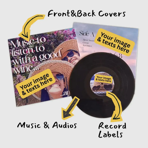 Custom vinyl album set showing a personalized photo cover and center label on a black record, illustrating how to make your own vinyl record mixtape.