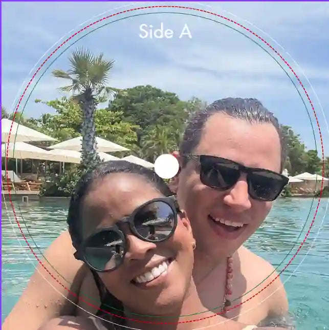 Digital art proof interface showing safe zones and bleed margins used by designers to manually verify personalized vinyl record labels before production.