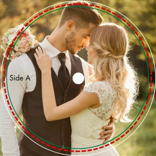 Manual design review process showing safe zones and resolution checks for custom wedding vinyl record center labels.