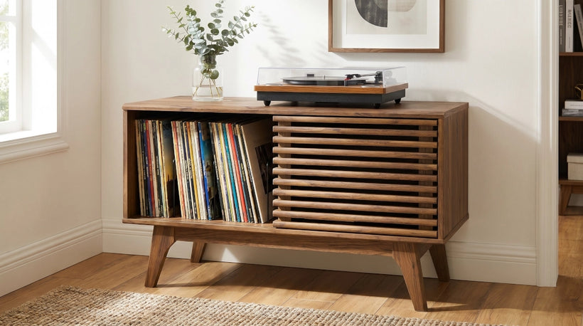 Modway Render 37-inch mid-century modern vinyl record display stand walnut